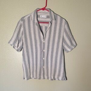 Zara Men's Casual Gray and White Striped Shirt